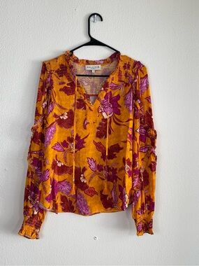 Hale Bob Floral Smocked Ruffle Blouse Size Small Mustard Purple Boho Top